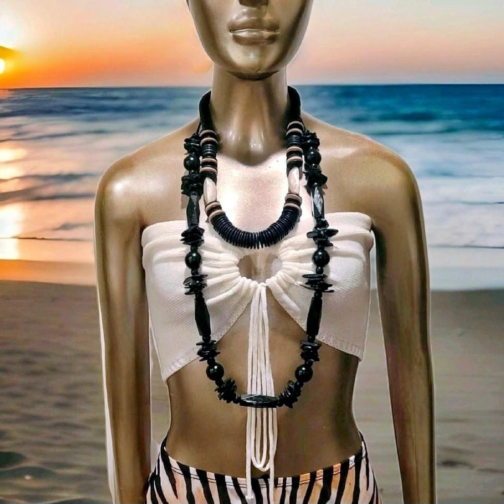 Handcrafted Black Bohemian Mother of Pearl Disc Necklace & Long Wooden Necklace